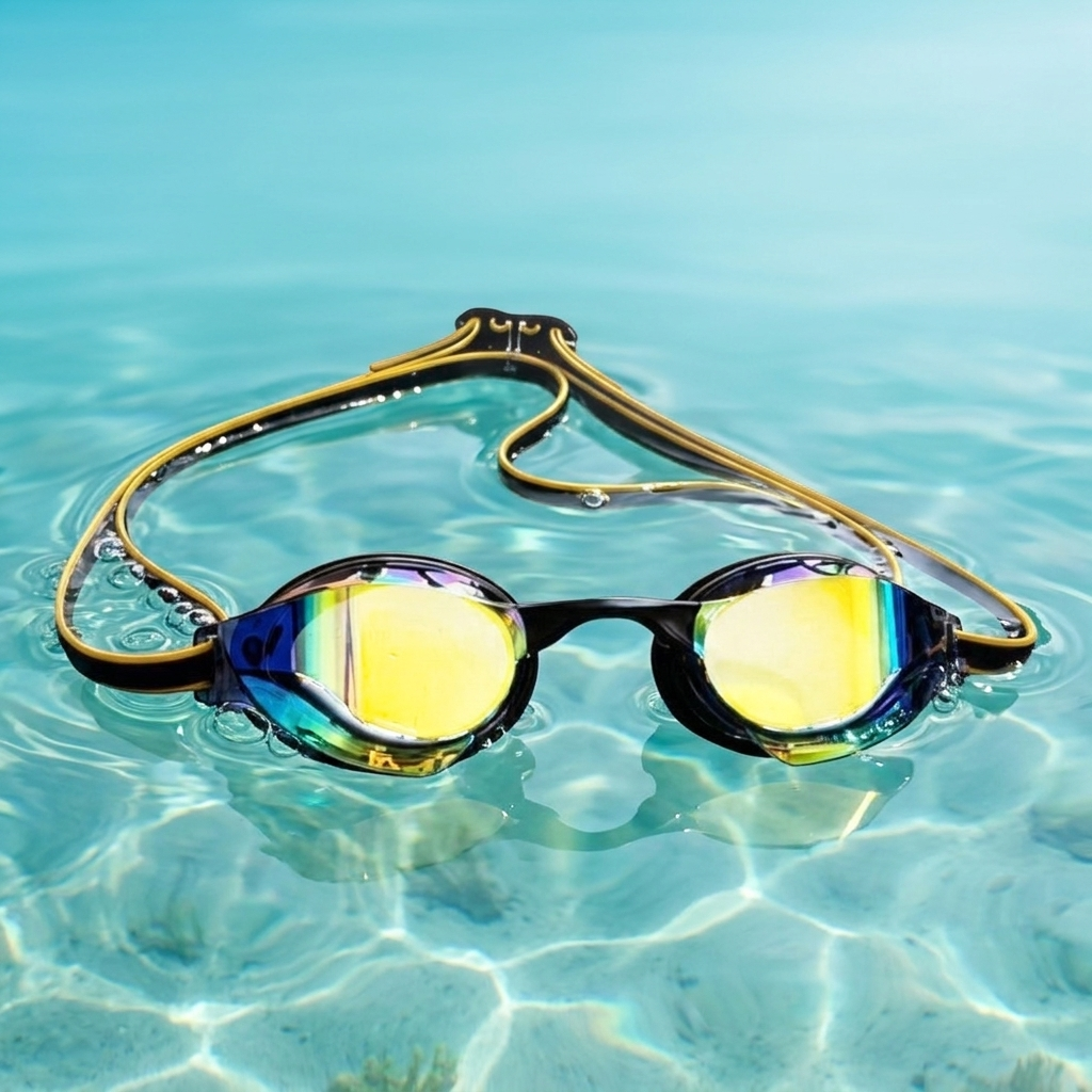 LUWA Apex Elite Pro Schwimmbrille schwimmt auf klarem türkisfarbenem Wasser – The Ocean Cleanup Spendenaktion