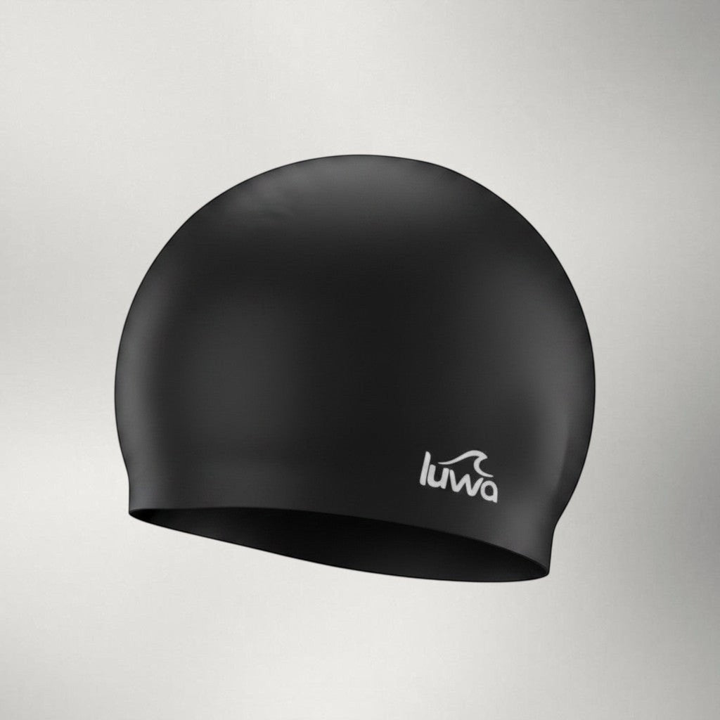 luwa Apex black silicone swim cap with a comfortable, hydrodynamic fit for training and open water swimming.
