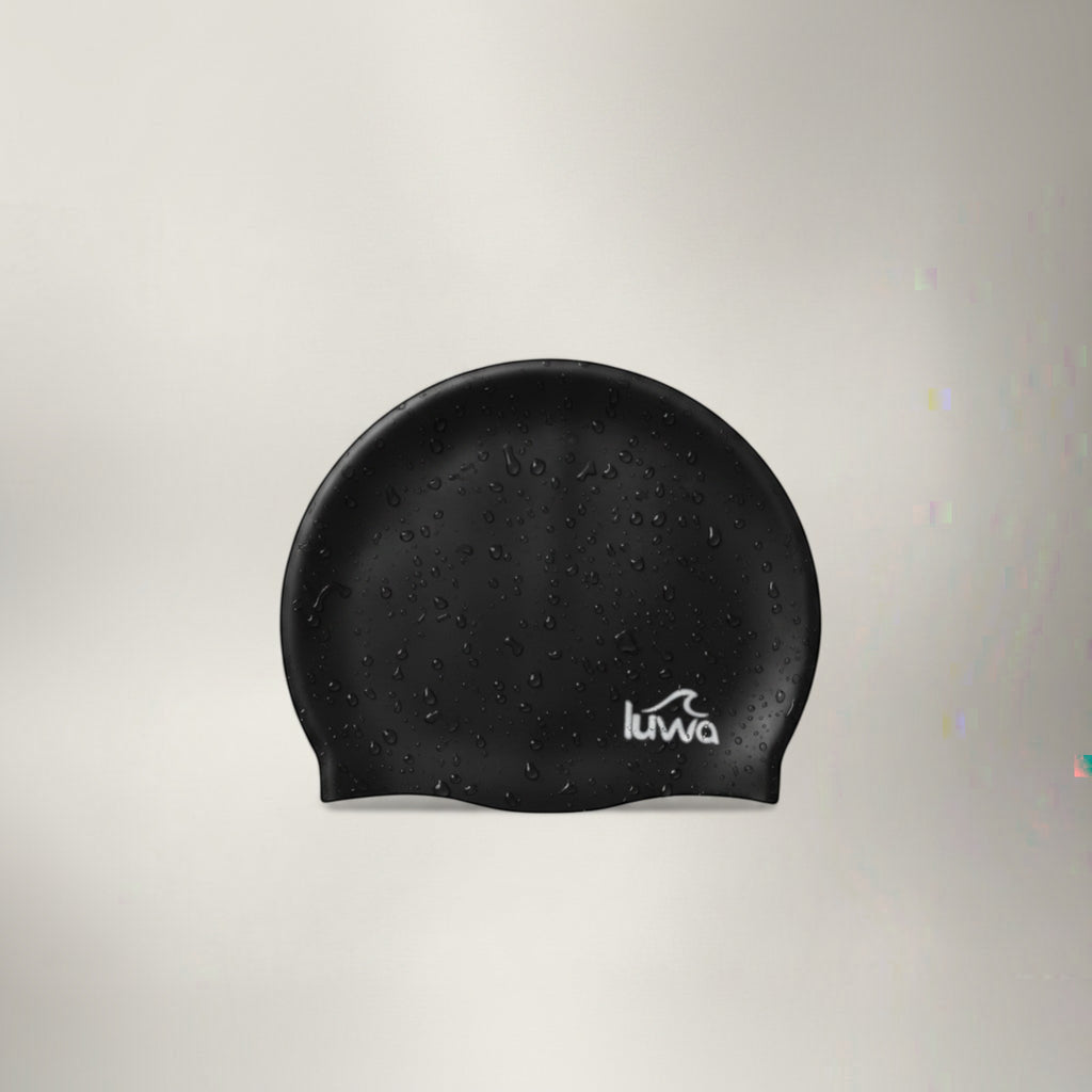 luwa Apex black silicone swim cap with a hydrodynamic shape for reduced drag and comfortable fit.