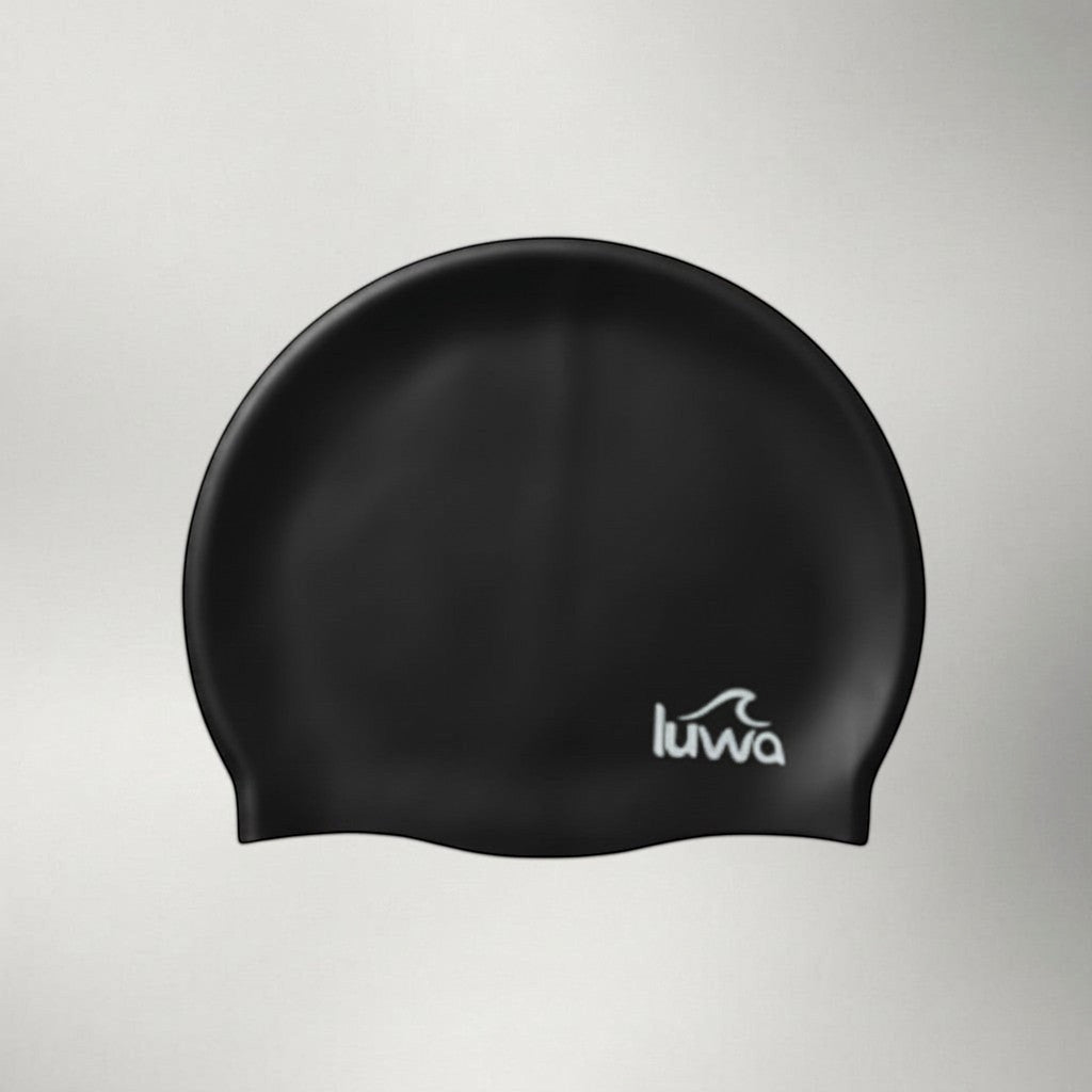 luwa Apex black silicone swim cap with a hydrodynamic shape for reduced drag and comfortable fit.