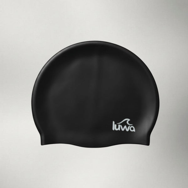 luwa Apex black silicone swim cap with a hydrodynamic shape for reduced drag and comfortable fit.