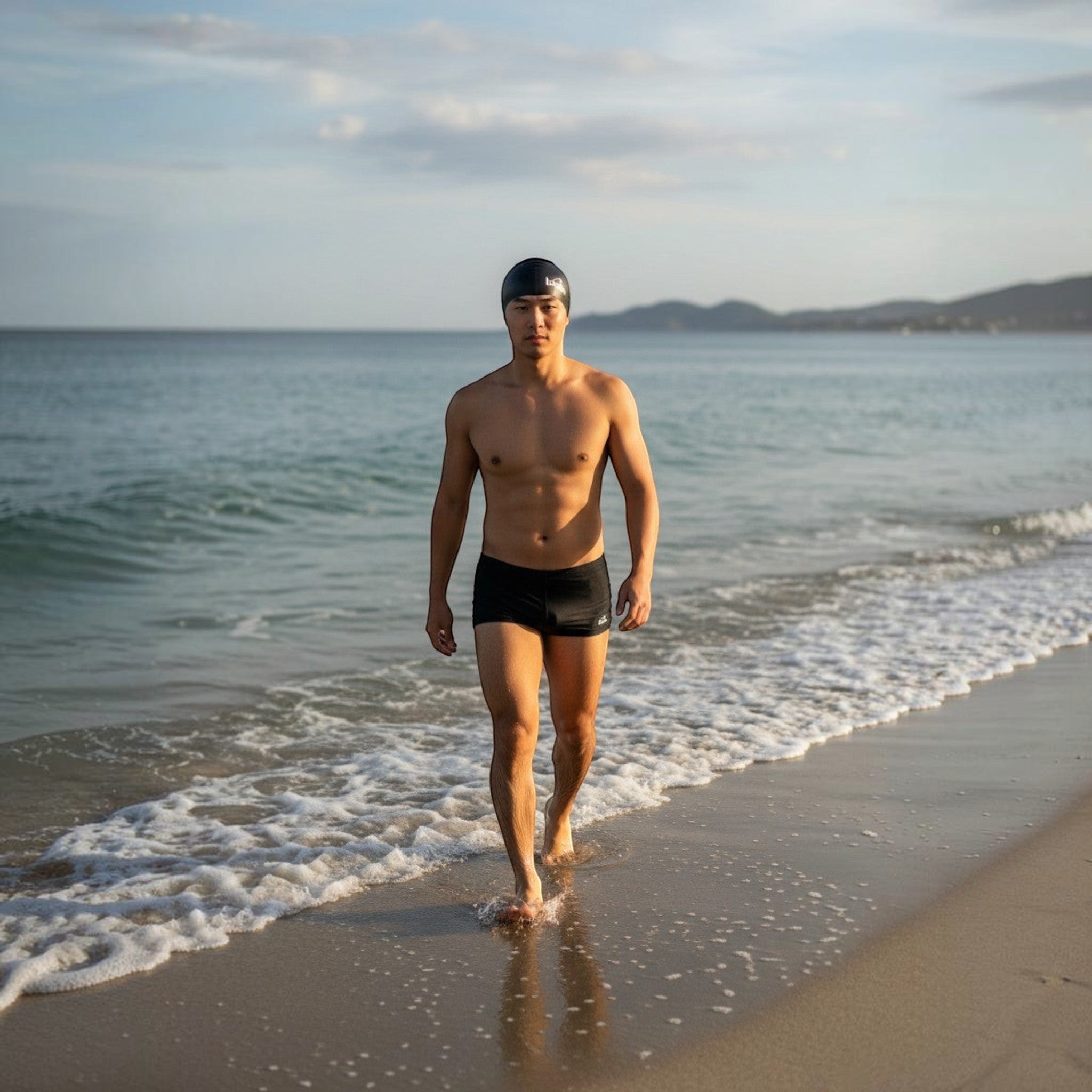 LUWA Apex black silicone swim cap with white logo. Comfortable, durable, and hydrodynamic for training and open water.