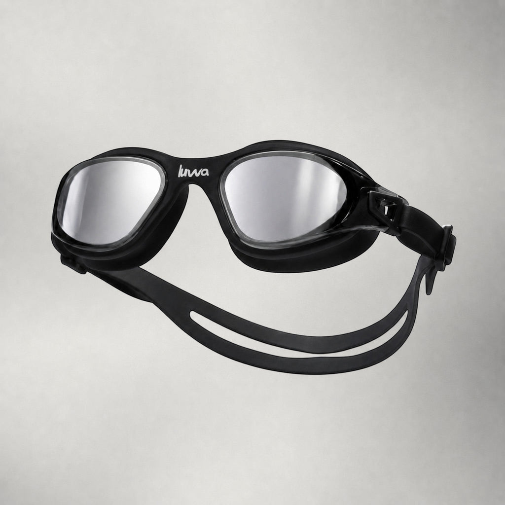 luwa Apex Clear Vision black gray swimming goggles with anti-fog coating and comfortable silicone seal.