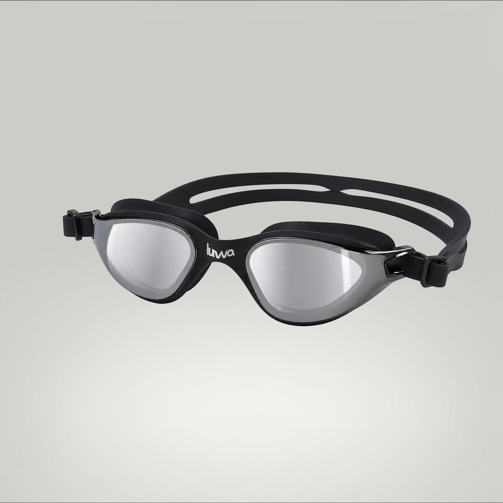 luwa Apex Clear Vision black gray mirrored swimming goggles with anti-fog coating and comfortable silicone seal.