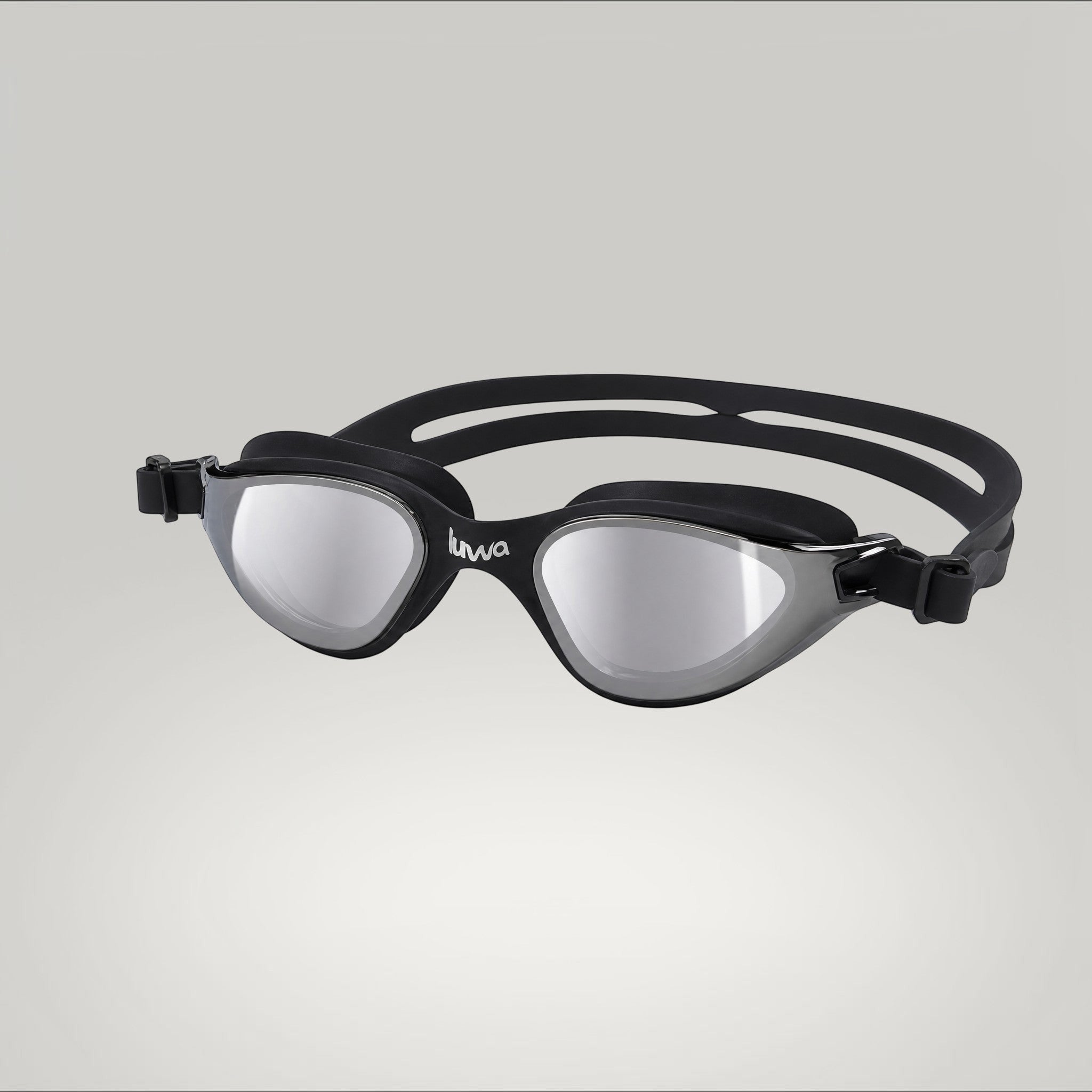 luwa Apex Clear Vision black gray mirrored swimming goggles with anti-fog coating and comfortable silicone seal.