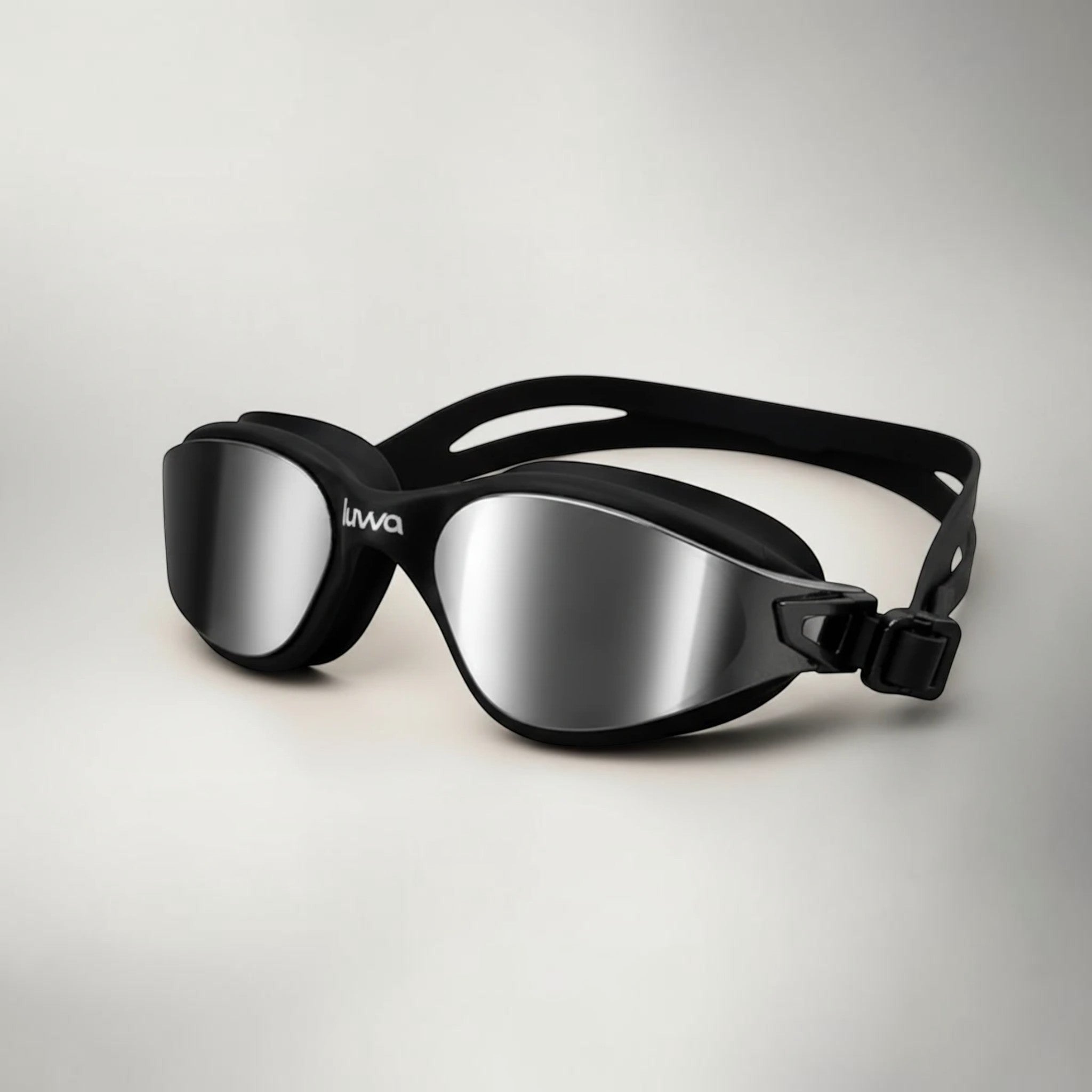 Luwa Apex Clear Vision black silver mirrored swim goggles with anti-fog coating and silicone seal.