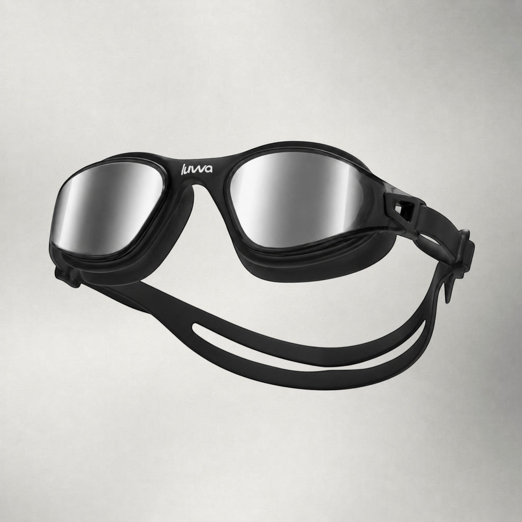 luwa Apex Clear Vision black silver mirrored anti-fog swimming goggles with soft silicone seal and adjustable strap.