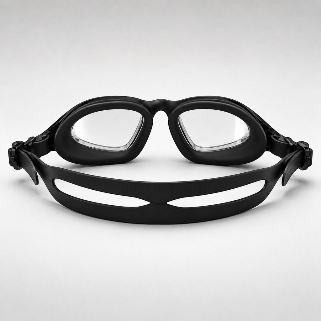 luwa Apex Clear Vision black training goggles with clear anti-fog lenses and soft silicone seal for comfortable swimming.