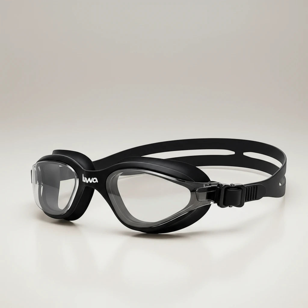 luwa Apex Clear Vision black training goggles with anti-fog coating and comfortable silicone seal.