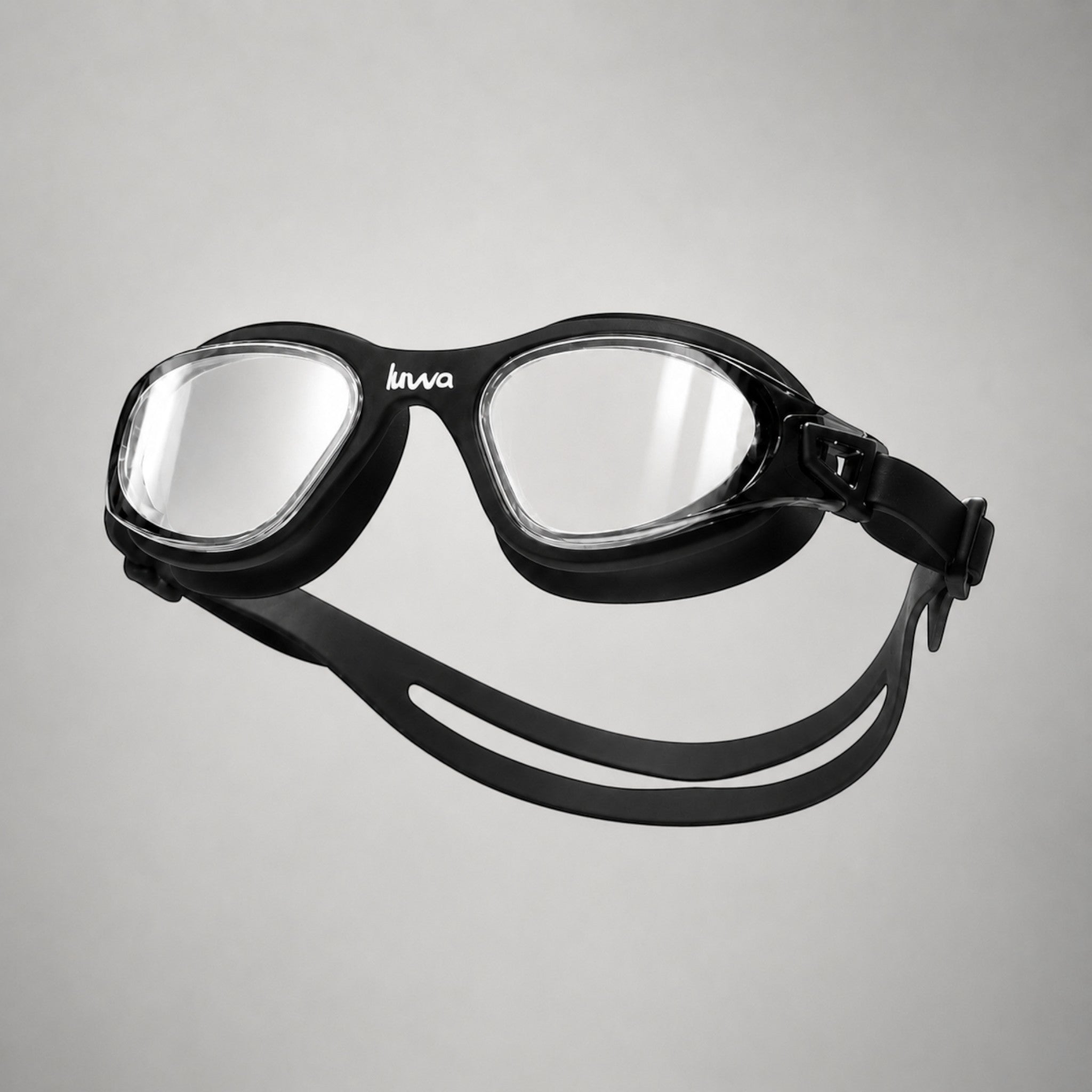 luwa Apex Clear Vision black training goggles with anti-fog coating and soft silicone seal for comfortable swimming.