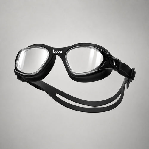 luwa Apex Clear Vision black training goggles with anti-fog coating and soft silicone seal for comfortable swimming.