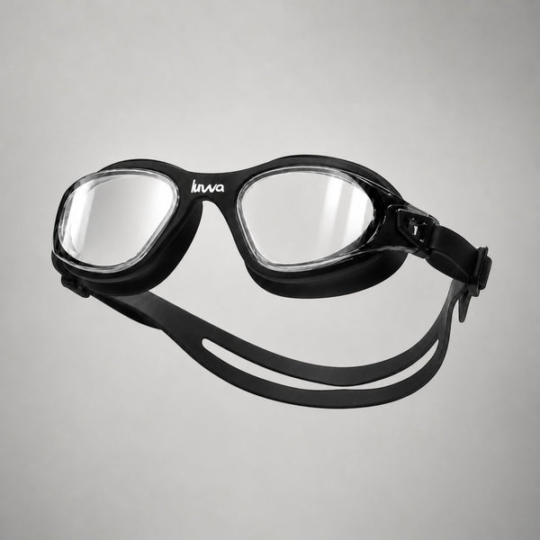 luwa Apex Clear Vision black training goggles with anti-fog coating and soft silicone seal for comfortable swimming.