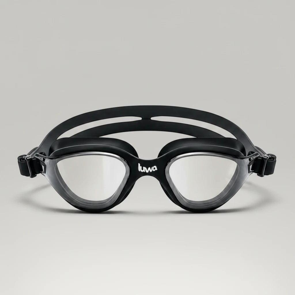 luwa Apex Clear Vision black training goggles with clear anti-fog lenses and soft silicone seal for comfortable swimming.