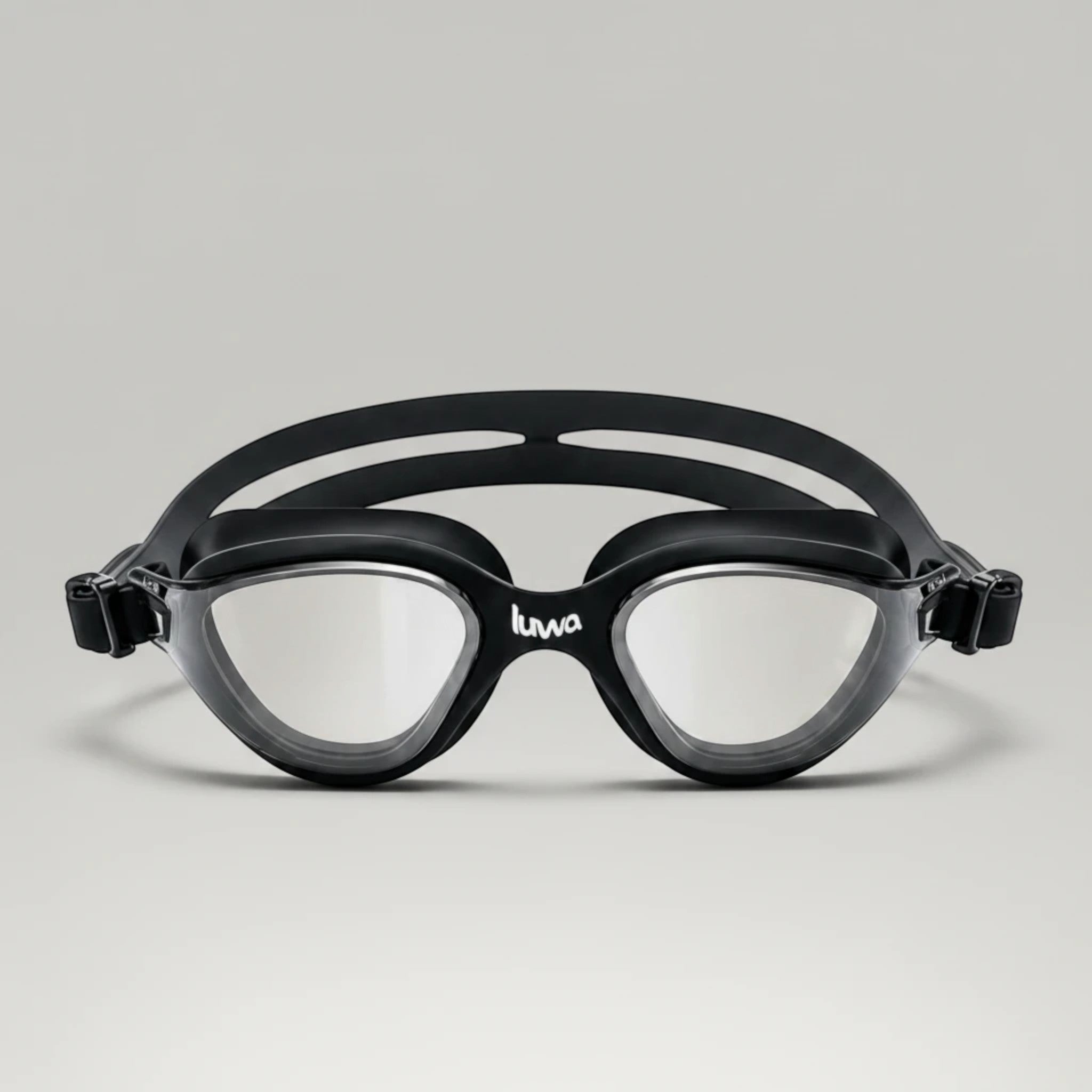 luwa Apex Clear Vision black training goggles with clear anti-fog lenses and soft silicone seal for comfortable swimming.