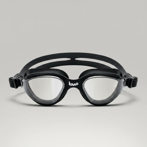 luwa Apex Clear Vision black training goggles with clear anti-fog lenses and soft silicone seal for comfortable swimming.