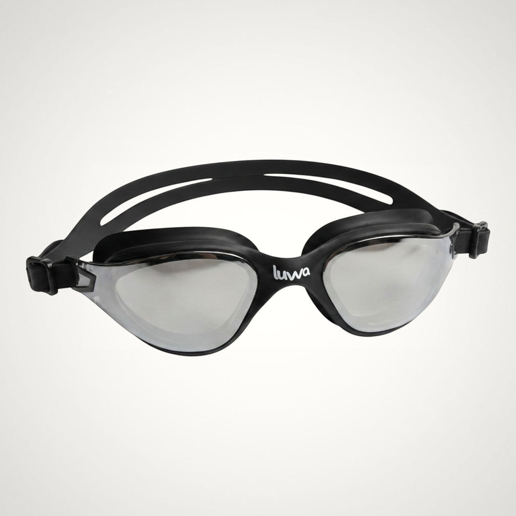 luwa Apex Clear Vision black and gray mirrored swimming goggles with anti-fog coating and soft silicone seal.