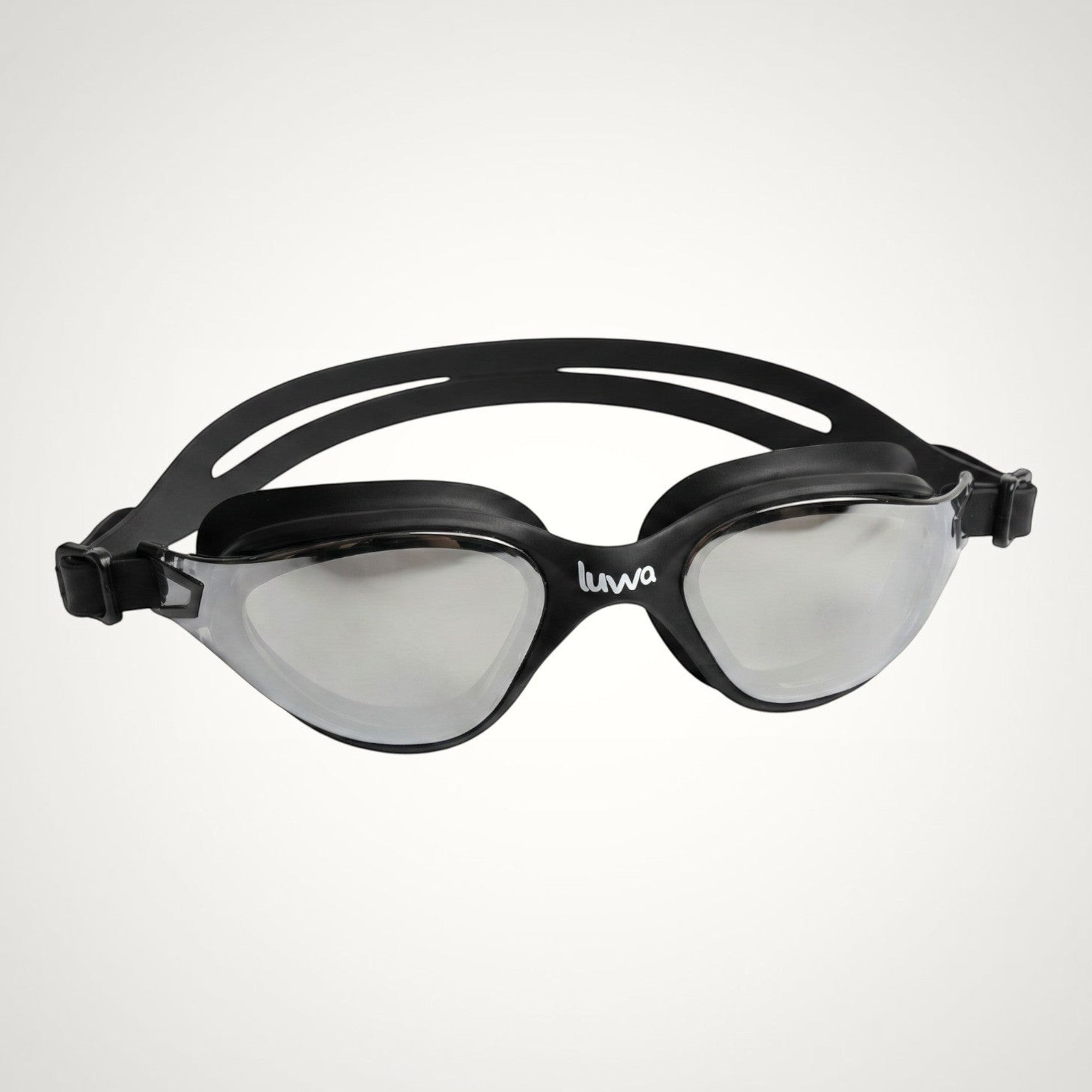 luwa Apex Clear Vision black and gray mirrored swimming goggles with anti-fog coating and soft silicone seal.