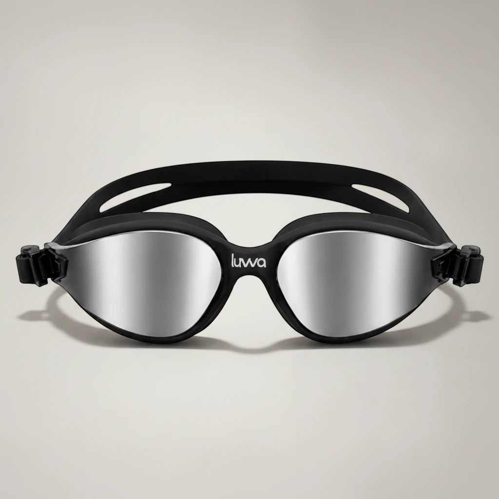 Luwa Apex Clear Vision black silver mirrored swim goggles with anti-fog coating and comfortable silicone seal.