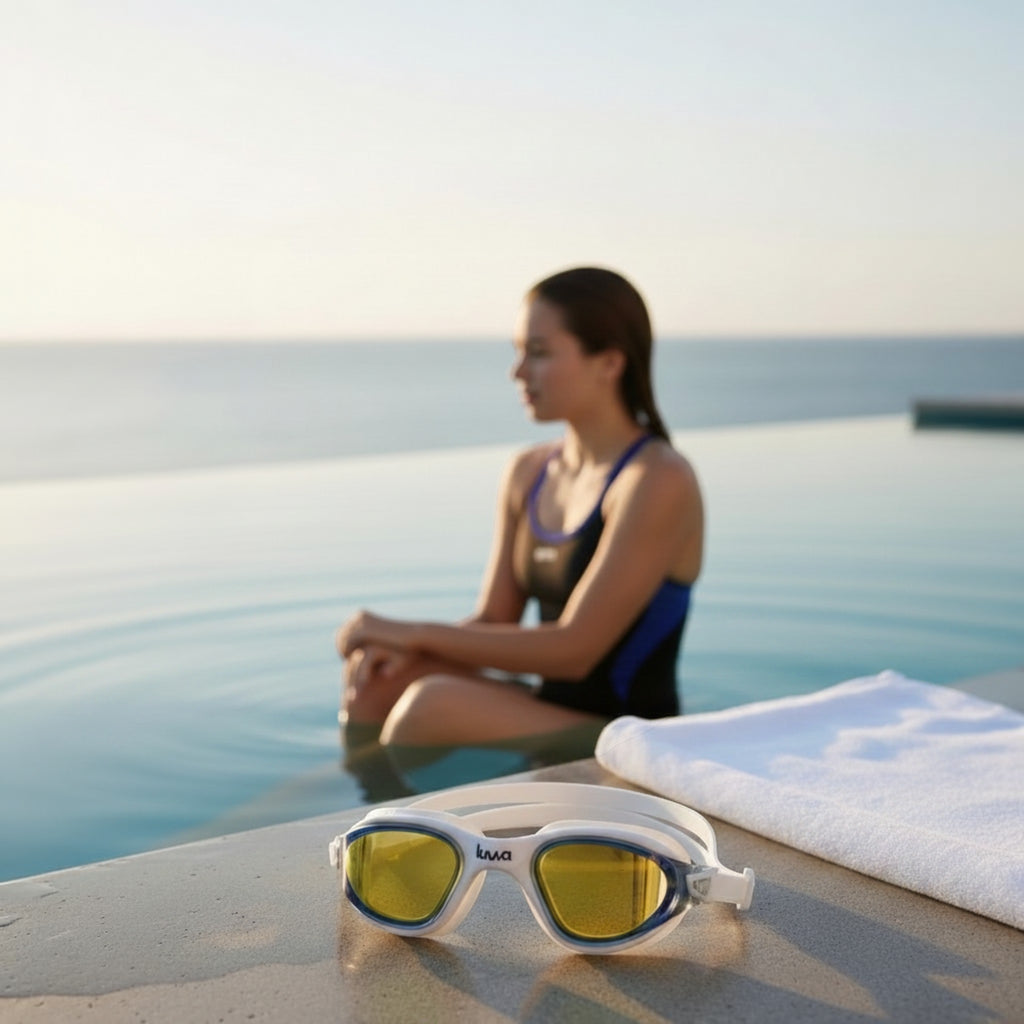 luwa Apex Clear Vision white and blue mirror swimming goggles with yellow lenses, designed for training and comfort.