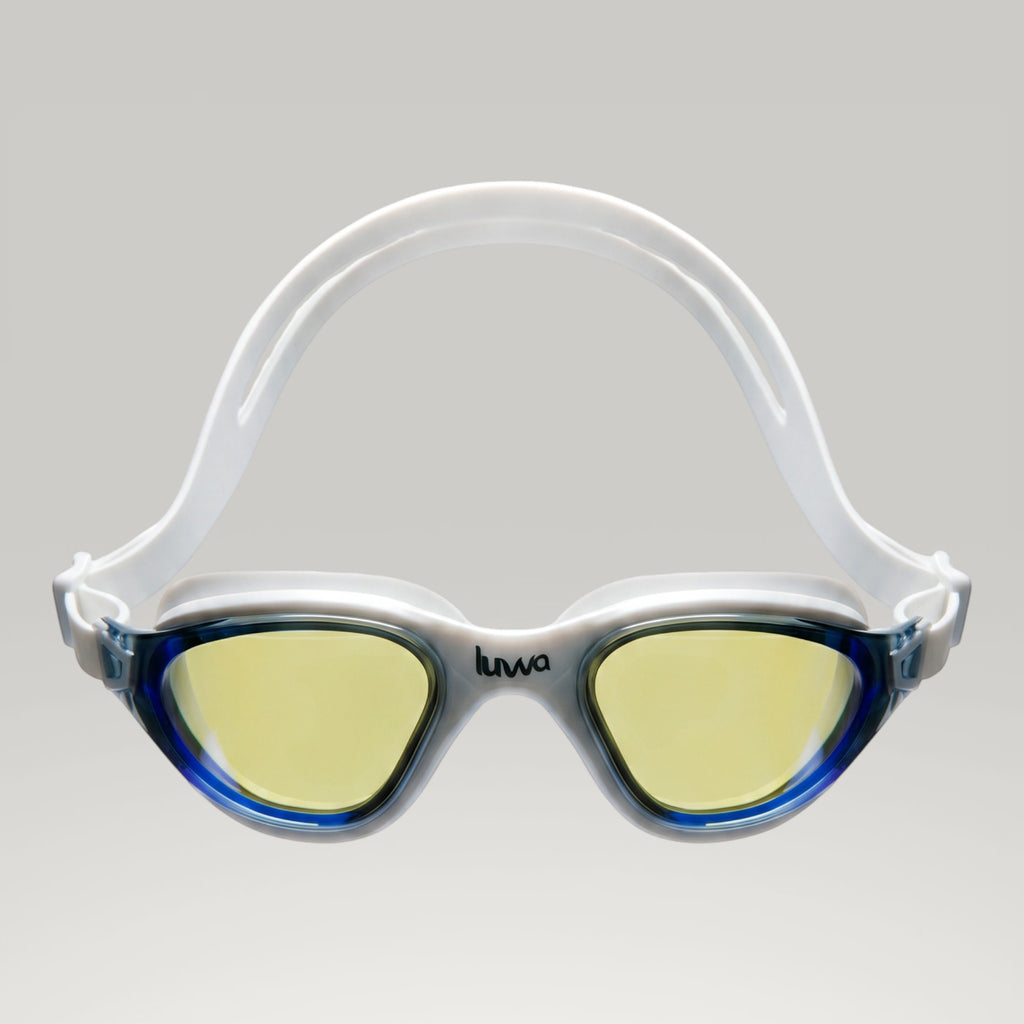 luwa Apex Clear Vision goggles with white frame, blue trim, and yellow anti-fog lenses for training and leisure.