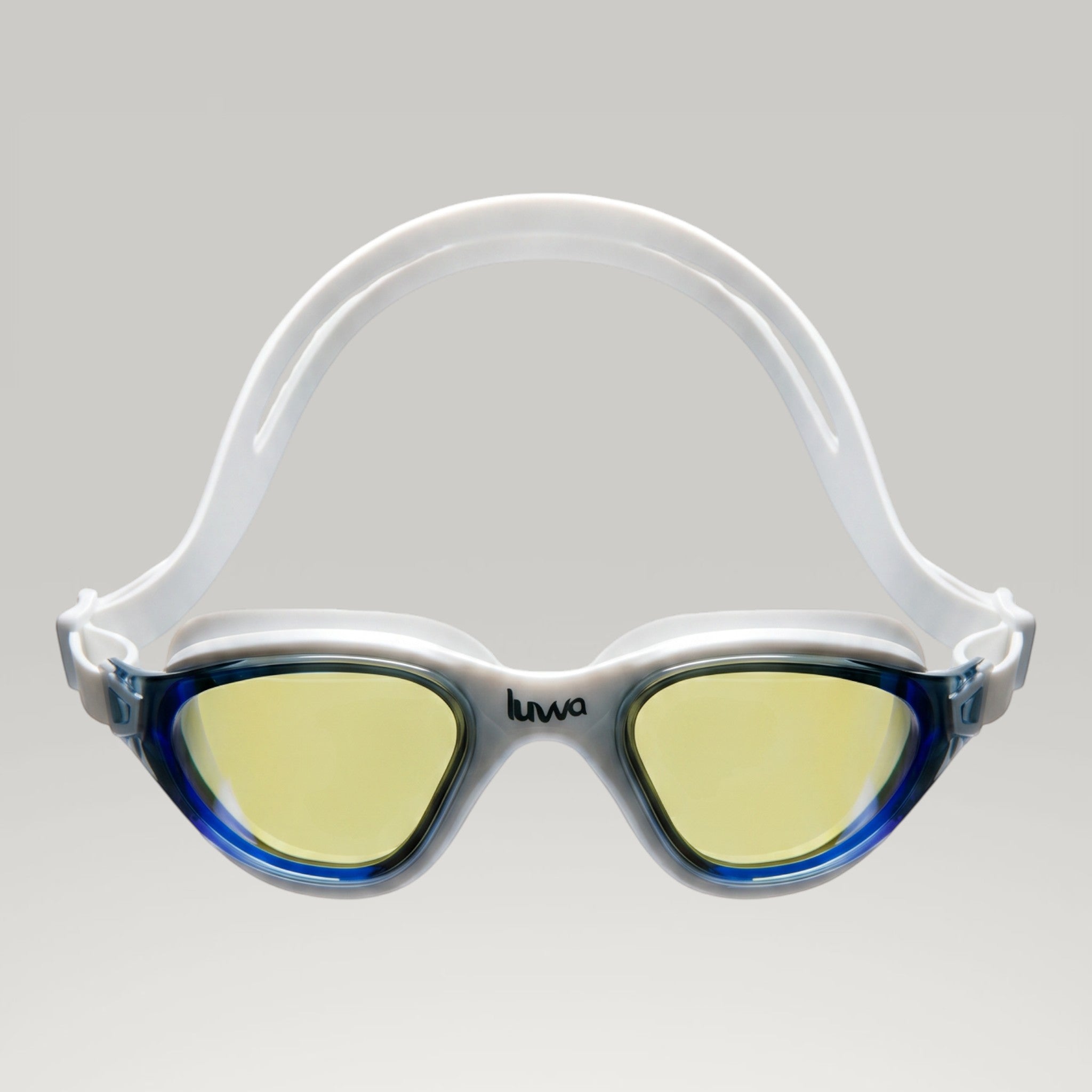 luwa Apex Clear Vision goggles with white frame, blue trim, and yellow anti-fog lenses for training and leisure.