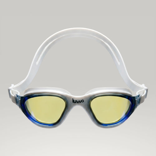 luwa Apex Clear Vision goggles with white frame, blue trim, and yellow anti-fog lenses for training and leisure.