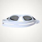 luwa Apex Clear Vision white blue mirror swimming goggles with anti-fog coating and soft silicone seal.