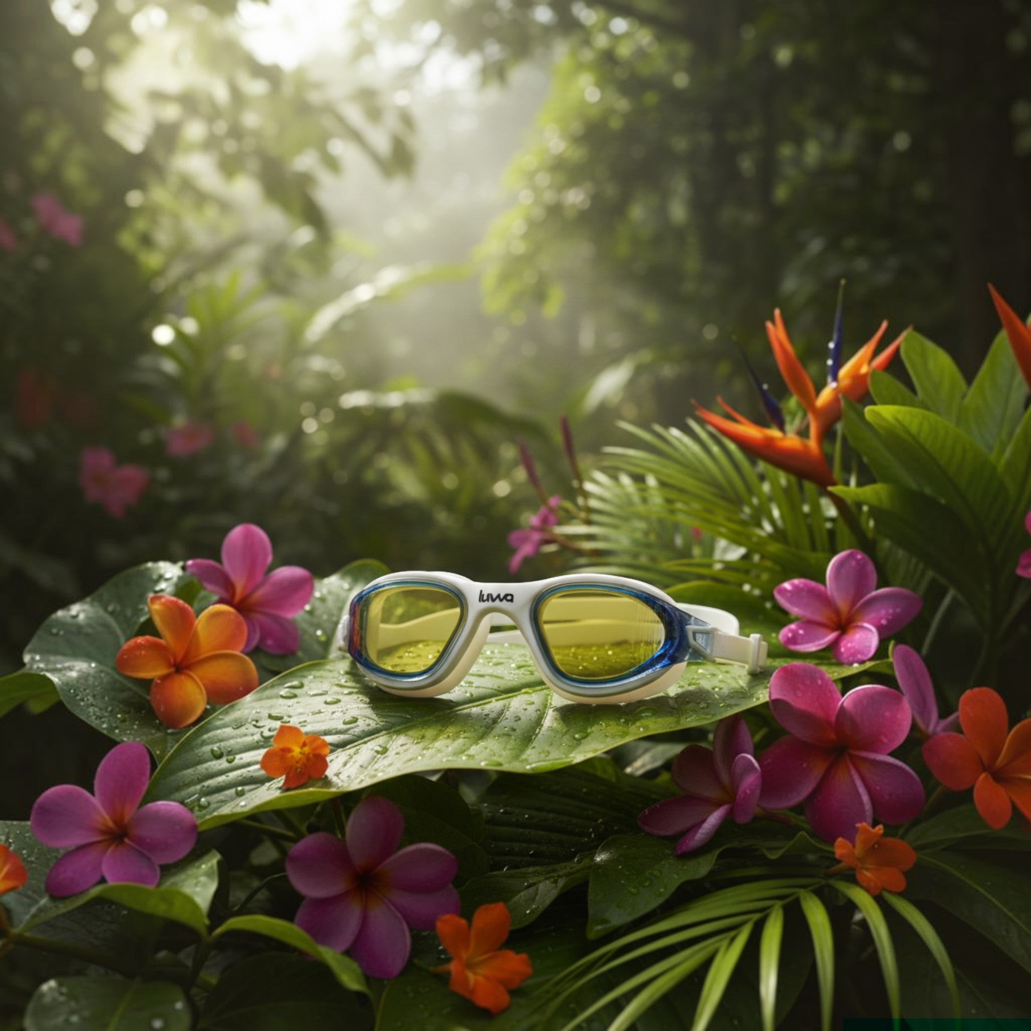 luwa Apex Clear Vision white and blue mirror swimming goggles with yellow tinted lenses and anti-fog coating.