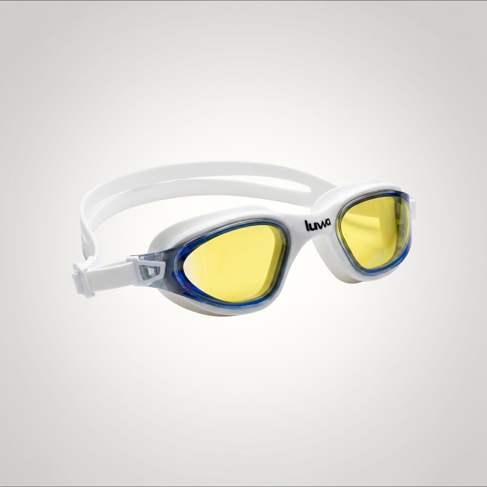 luwa Apex Clear Vision white and blue mirror swimming goggles with yellow lenses and a white strap.