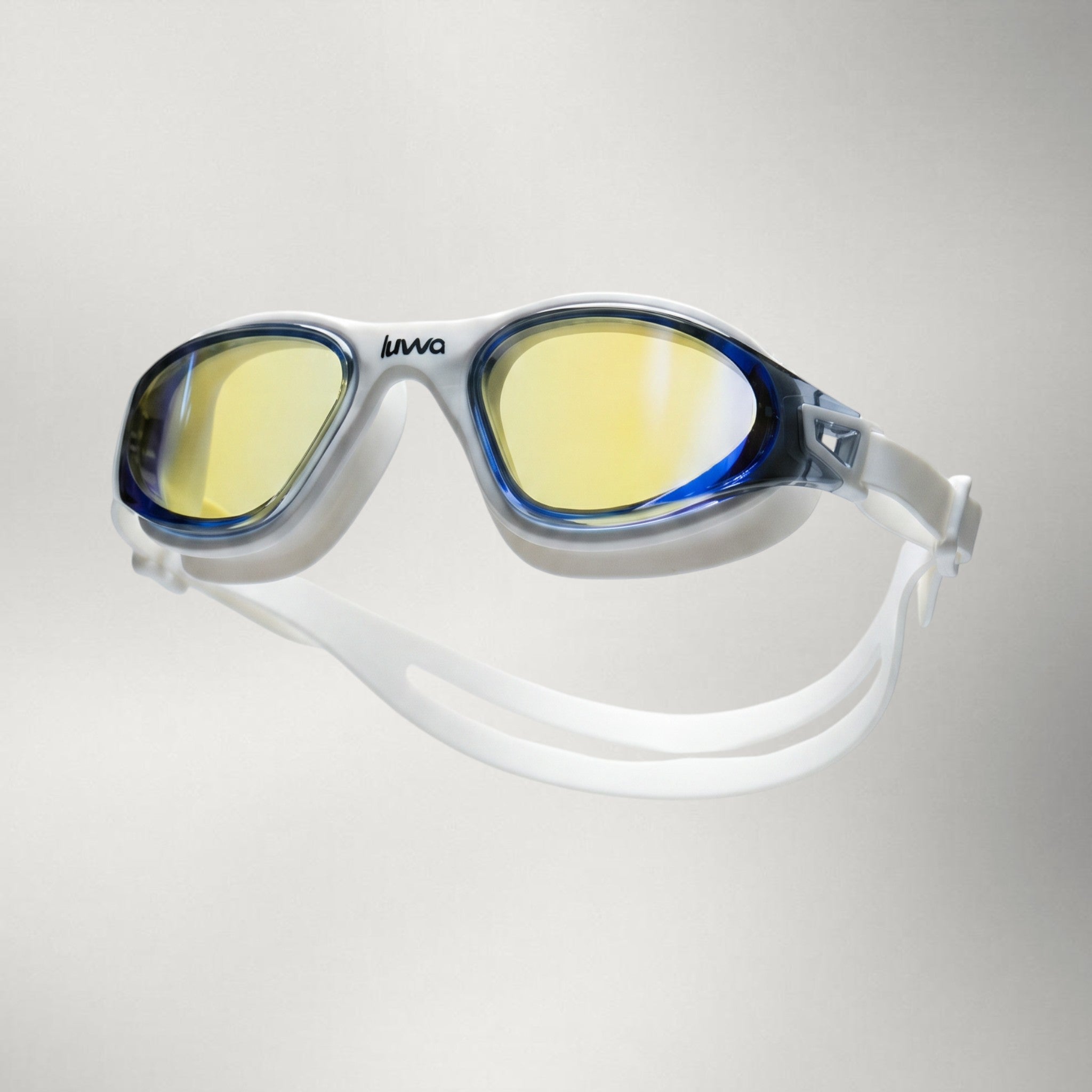 luwa Apex Clear Vision white and blue mirrored swimming goggles with yellow lenses and anti-fog coating.