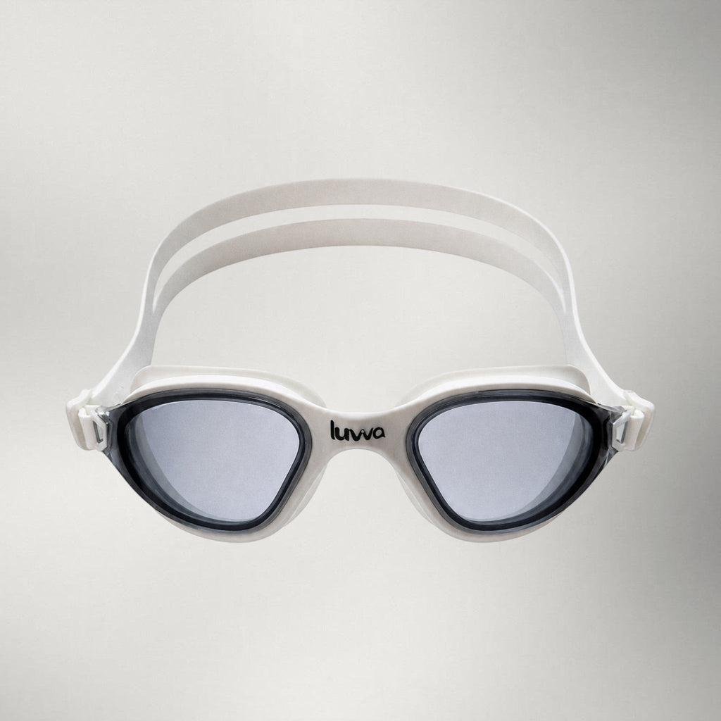 luwa Apex Clear Vision white and gray swimming goggles with anti-fog coating and comfortable silicone seal.