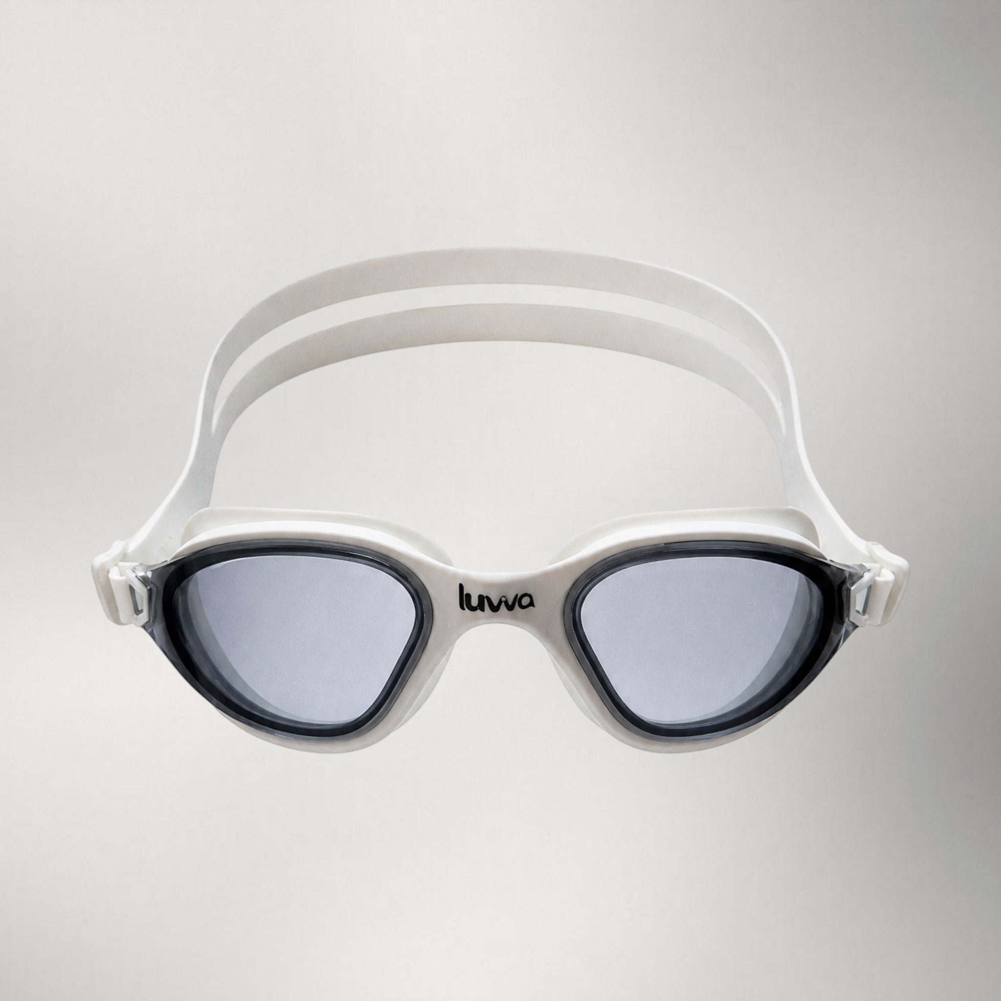 luwa Apex Clear Vision white and gray swimming goggles with anti-fog coating and comfortable silicone seal.