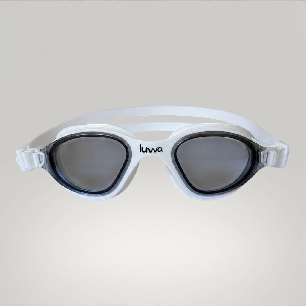 luwa Apex Clear Vision white and gray swimming goggles with anti-fog coating and comfortable silicone seal.