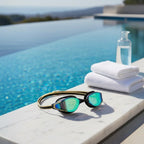 luwa Apex Elite black and gold swim goggles with mirrored, anti-fog lenses and adjustable strap, resting by a pool.