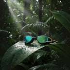 luwa Apex Elite black and gold swim goggles with mirrored green lenses, resting on a wet leaf in a lush jungle setting.