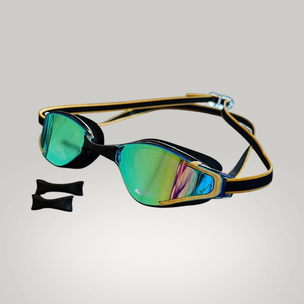 luwa Apex Elite black and gold sport style swimming goggles with green mirrored lenses and adjustable strap.
