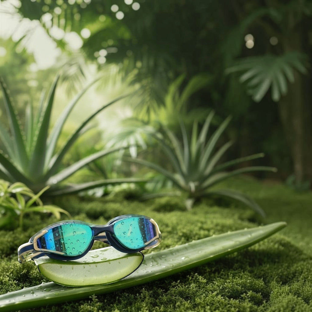 LUWA Apex Elite blue and gold swim goggles with anti-fog coating and UV protection. Features adjustable nose bridges for a custom fit.