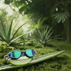 LUWA Apex Elite blue and gold swim goggles with anti-fog coating and UV protection. Features adjustable nose bridges for a custom fit.