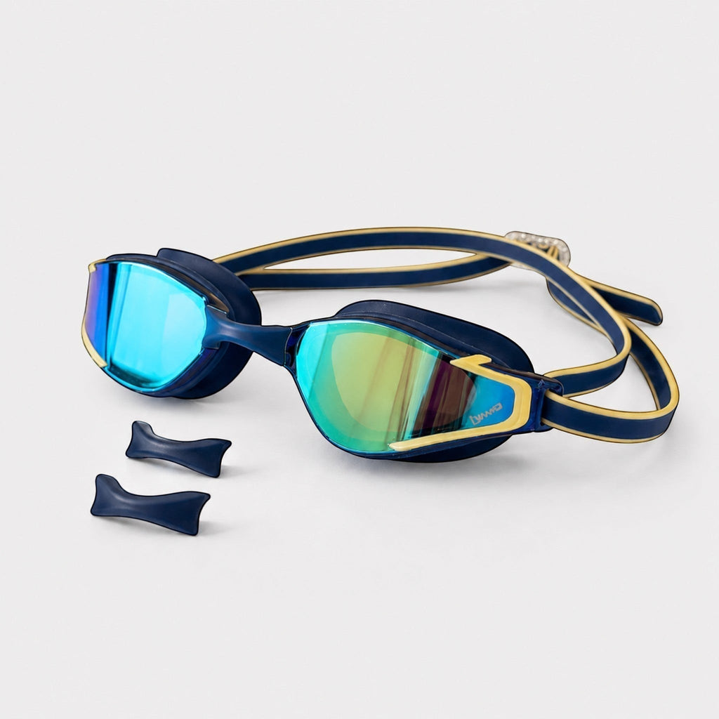 luwa Apex Elite blue and gold mirrored swim goggles with anti-fog and UV protection. Includes 3 nose bridges for custom fit.