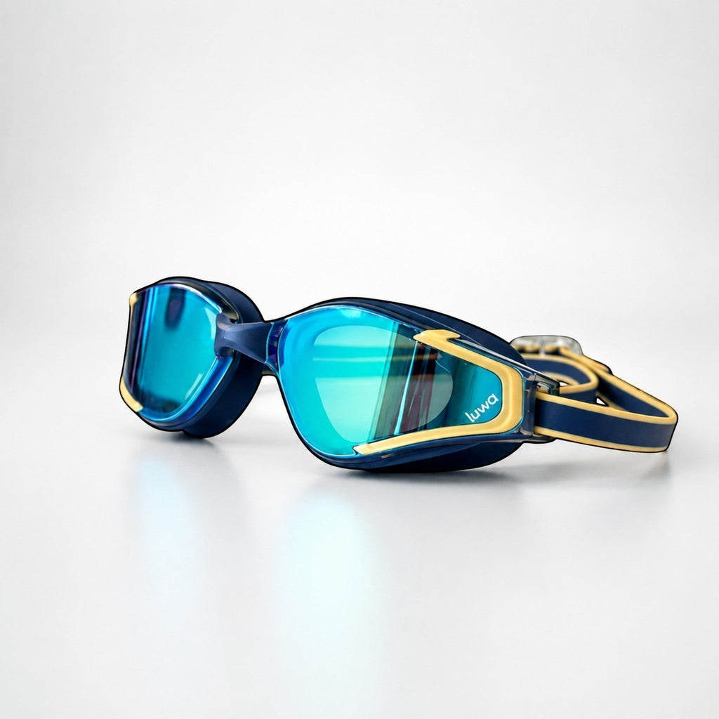 LUWA Apex Elite blue and gold swimming goggles with anti-fog coating and UV protection.