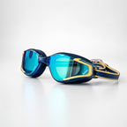 LUWA Apex Elite blue and gold swimming goggles with anti-fog coating and UV protection.