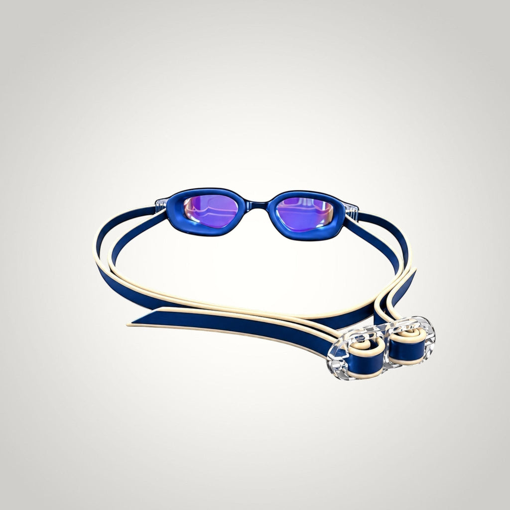 LUWA Apex Elite blue and gold swimming goggles with anti-fog coating and UV protection.