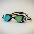 luwa Apex Elite black and gold mirrored swim goggles with adjustable strap and anti-fog coating.