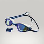 luwa Apex Elite navy blue swim goggles with white trim and blue strap. Includes 3 blue nose bridges.