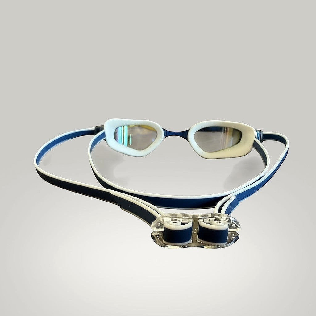 luwa Apex Elite navy blue swim goggles with white silicone seal and adjustable nose bridge. Wide vision lenses.