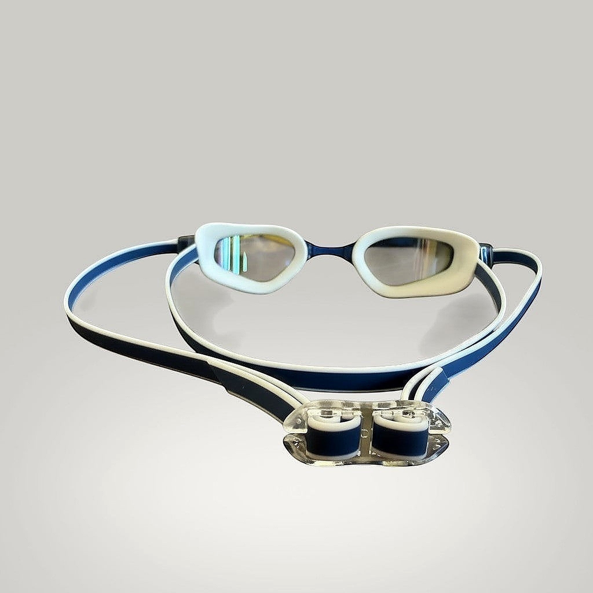 luwa Apex Elite navy blue swim goggles with white silicone seal and adjustable nose bridge. Wide vision lenses.
