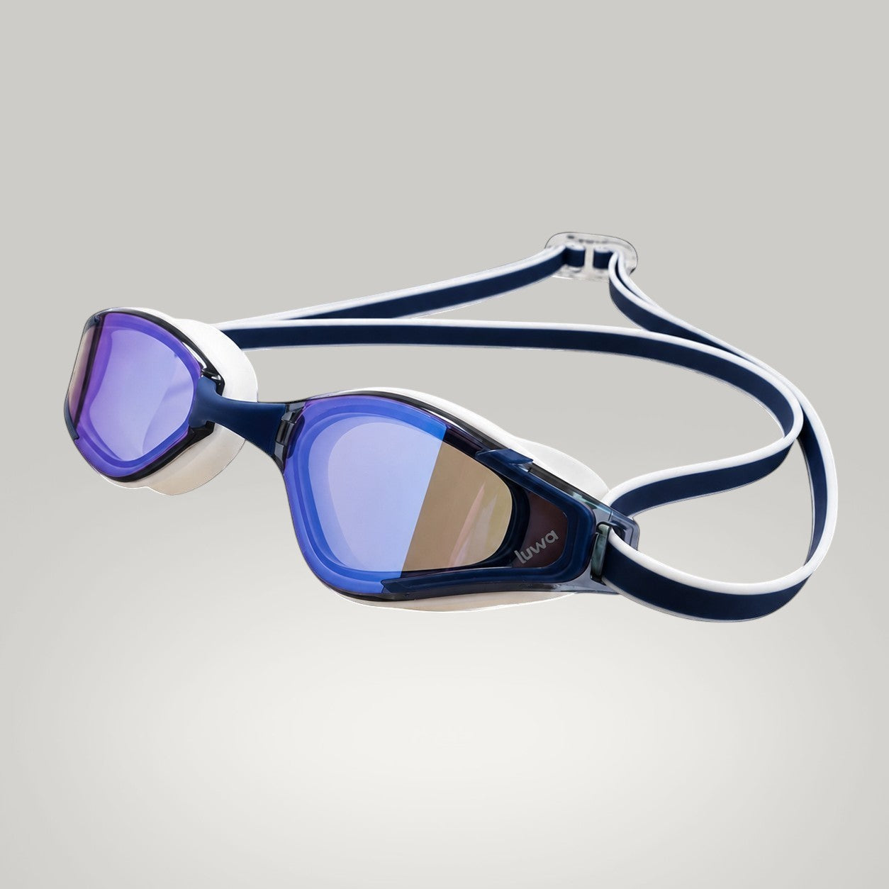 luwa Apex Elite navy blue swimming goggles with anti-fog coating and UV protection. Features wide vision and adjustable nose bridges.