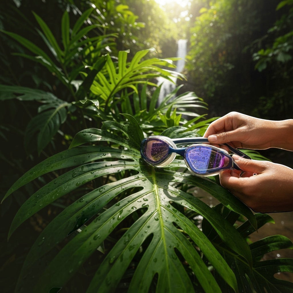 luwa Apex Elite navy blue swimming goggles with purple mirrored lenses and adjustable strap.