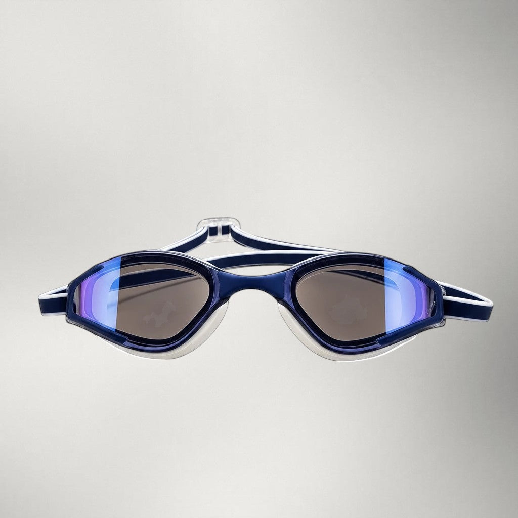 luwa Apex Elite navy blue sport style swimming goggles with anti-fog coating and UV protection.