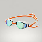 luwa Apex Elite orange mirror swimming goggles with white frame and adjustable strap. Features anti-fog and UV protection.